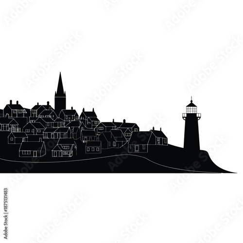 black silhouette of a town with a lighthouse and church steeple