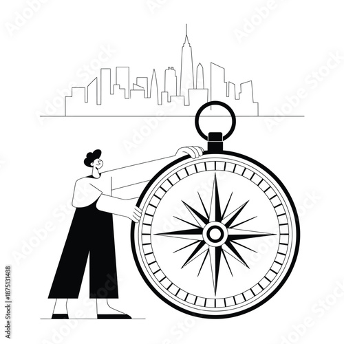 a person holding a large compass in front of a city skyline