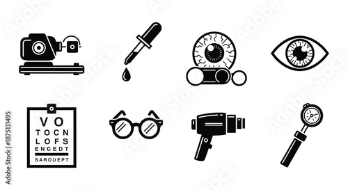 Eye care and vision testing medical icons set
