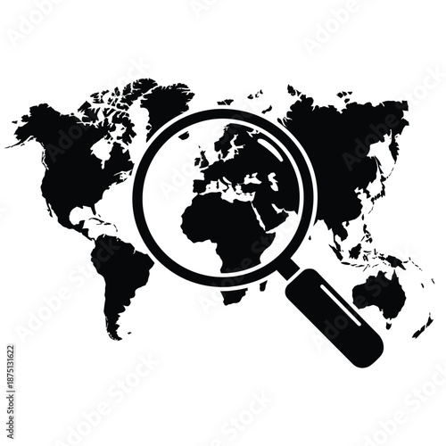 a magnifying glass over a black and white world map