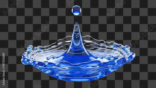 Water Splash Crown collision impact high speed simulated render deep blue transparent liquid isolated.