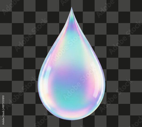 Liquid Droplet Realistic Isolated Volumetric Shape Iridescent Holographic Glossy Surface Transparent Vector Graphic.