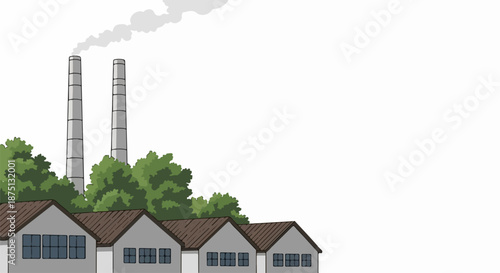 Industrial pollution from factory chimneys emitting smoke near residential houses. Gray smoke plumes illustrate industrial pollution impact on environment,