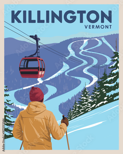 Killington Vermont Ski Resort Travel Poster – Scenic Winter Mountain Illustration