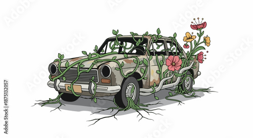 Overgrown car, old sedan consumed by green vines and vibrant flowers, depicting natural reclamation. Rusty overgrown car transformed into living art,