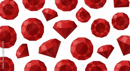 Red gemstones scattered on white background, showcasing various facets and cuts. Elegant red gemstones create luxurious pattern suitable for jewelry design inspiration, textile prints.