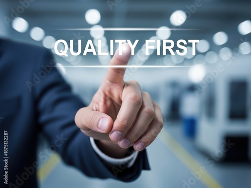 Closeup Businessman Hand pointing at Quality First slogan, representing brand promise, manufacturing excellence, and customer value proposition