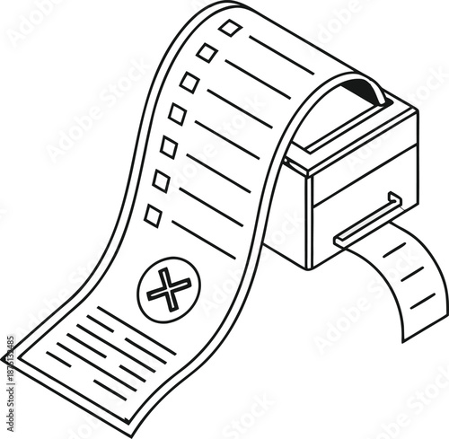 Voting Process illustration: A black and white depiction of a ballot paper being fed through a voting machine, symbolizing the core act of democracy.