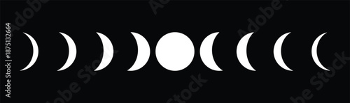 White crescent moon phases and full moon against black background celestial astronomy