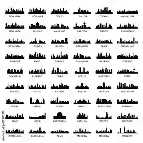 city skylines from around the world in black silhouette on white background