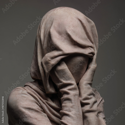 Wallpaper Mural Künstlerisches Studio-Portrait einer Person mit verhülltem Gesicht. Der Stoff und die reduzierte Farbgebung erzeugen eine geheimnisvolle, introspektive Stimmung und thematisieren Identität, Rückzug un Torontodigital.ca
