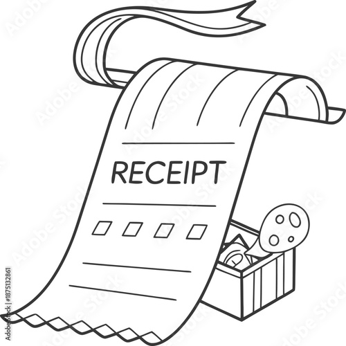 Receipt and Shopping: A detailed illustration of a receipt with a ribbon and various shopping items, symbolizing purchases and transactions.