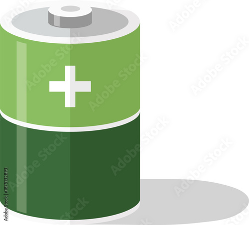 Green battery with white plus symbol and grey shadow on white background power