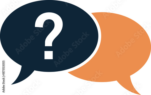 Two overlapping speech bubbles one dark blue with white question mark one orange communication