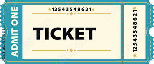 Retro teal and gold admit one carnival ticket with perforation and vintage design elements, graphic resource