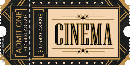 Art Deco cinema ticket for movie admission, vintage design with Admit One and Cinema text, perfect for posters and stickers.