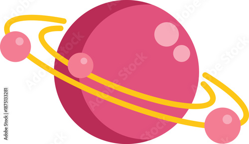 Stylized pink planet rotating with satellites on white background, simple space illustration