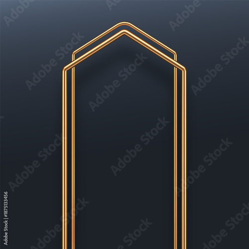 Golden Art Deco arch on a dark background. Realistic 3D double line frame for luxury design, wedding invitations, or premium branding. Elegant vector element.