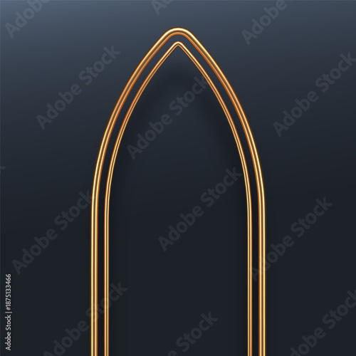Golden Gothic arch on a dark background. Realistic 3D double line frame for luxury design, wedding invitations, or premium branding. Elegant vector element.