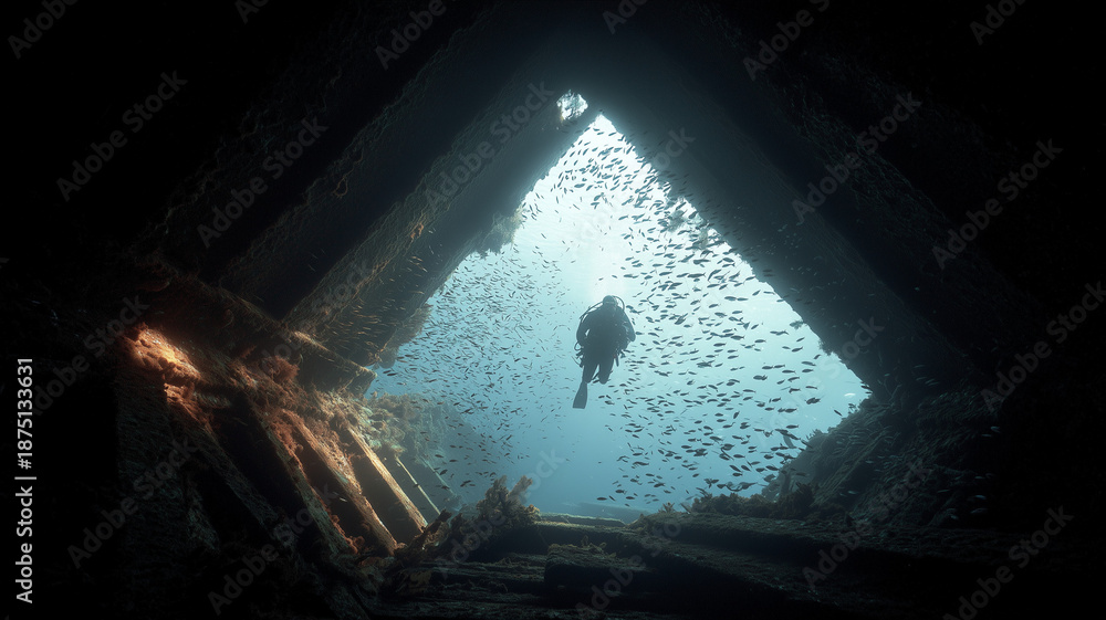Obraz premium Scuba Diver Exploring Sunken Shipwreck with Torch Beam. Marine Archaeology and Deep Sea Discovery in Blue Water.