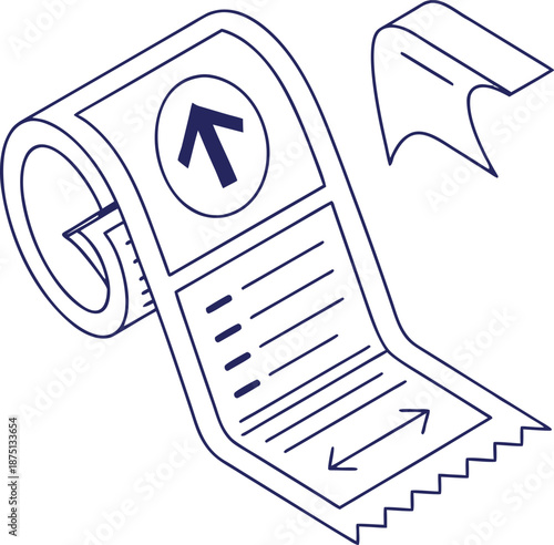 Invoice Roll: A detailed, stylized illustration of a fresh receipt roll, unraveling to display a selection of line items and an upward-pointing arrow for clear direction.