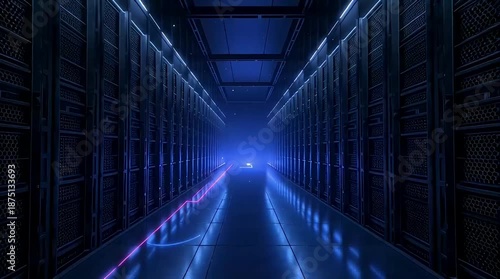 Wallpaper Mural Glowing blue lights illuminate a futuristic server room corridor with rows of computer servers. Torontodigital.ca