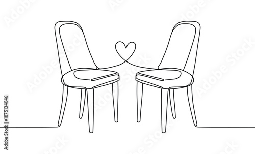 Two chairs connected by a heart line art simple graphic concept modern line drawing smooth black lines