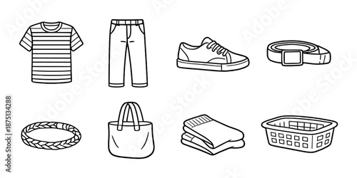 Clothing and accessories: shirt, pants, shoes, belt, bracelet, bag, sweater, basket
