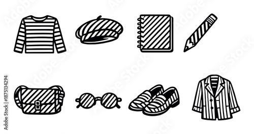 Striped fashion icons: sweater, beret, notebook, pencil, bag, sunglasses, shoes, jacket