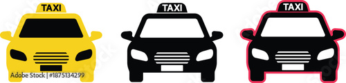 Three stylized taxi yellow black and pink outlined vehicle transportation