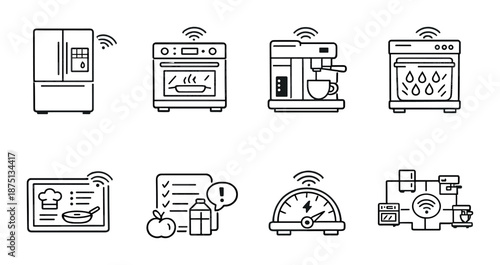 Smart kitchen appliances icons: refrigerator, oven, coffee maker, dishwasher with wi-fi connectivity
