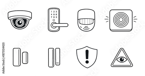 Surveillance and security icons: cameras, sensors, and alarms