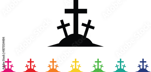 Three black crosses on a hill with colorful cross below christianity religion