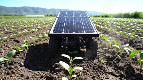 Agriculture technology robot operating farming field outdoor rural landscape smart automated system sustainable innovation concept