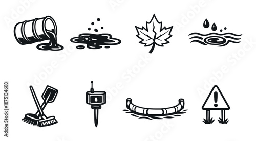 Black and white environmental symbols with leaf and water elements