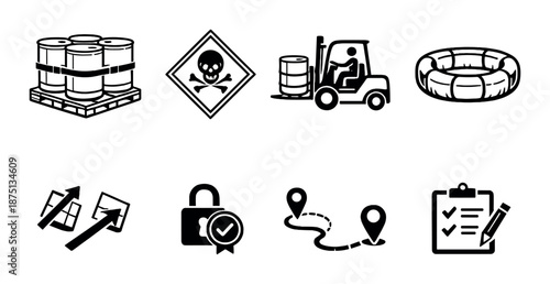 Safety symbols: hazardous materials, logistics, and security icons