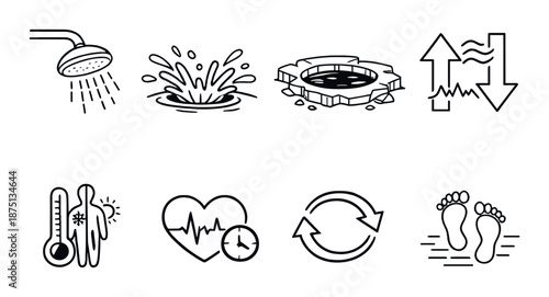 Monochrome icons: shower, splash, tire, graph, thermometer, heart, cycle, footprints