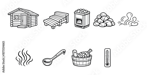 Traditional sauna elements with cabin, heater, stones, and thermometer icons