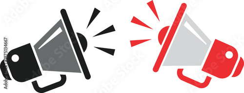 Two stylized megaphones one black grey and one red white emitting sound waves announcement