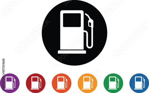 White gas pump on black circle with colorful gas pump below fuel station symbol