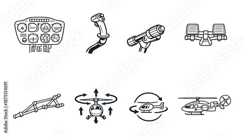 Helicopter controls and flight dynamics: instruments, joystick, and rotor mechanics
