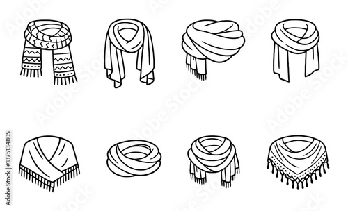 Various scarf styles in black and white illustration