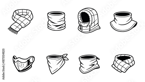 Variety of winter neckwear and headwear on a dark background