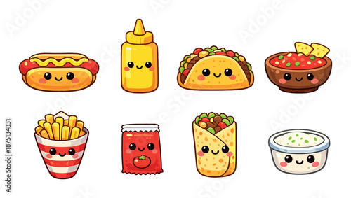Cute kawaii fast food cartoons with hotdog, taco, fries, and more