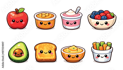 Cute kawaii food icons featuring fruits, yogurt, avocado, and more