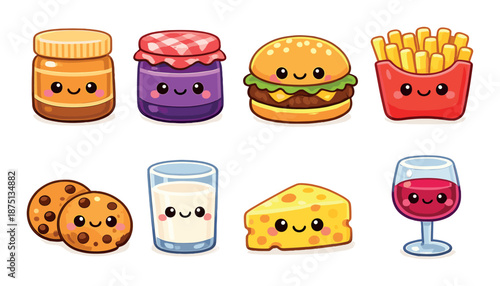Cute cartoon food characters with happy faces on various snacks and drinks