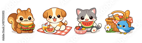 Cute animals enjoying picnic with food and drink on a sunny day
