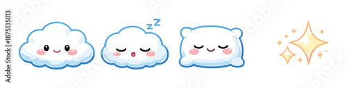 Cute kawaii style clouds and sparkles in minimalist digital art