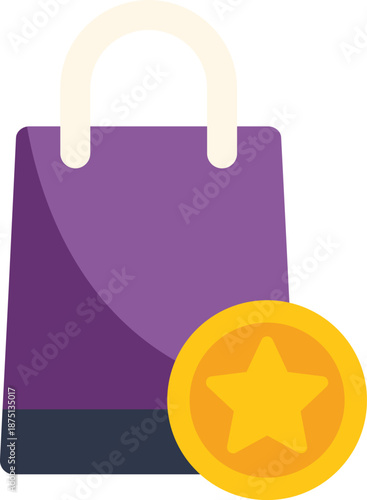 Loyalty program gold coin with star and shopping bag representing customer reward points and bonus marketing strategy