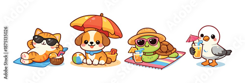 Cute cartoon animals relaxing at the beach with drinks and sunglasses